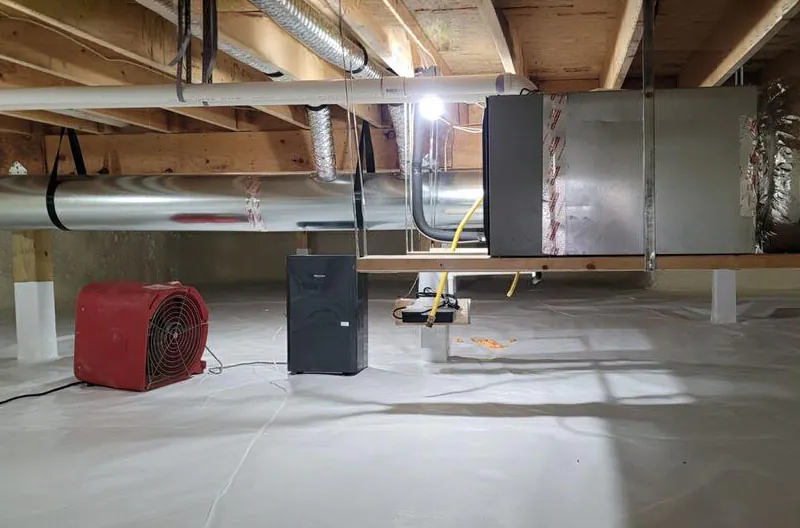 Conditioned crawl space with vapor barrier, HVAC air handler, ductwork, and dehumidifier installed by Southland Insulators.