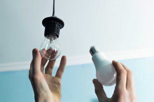 Man's hand holding LED light bulb in right hands, and a traditional incandescent light bulb in the left hand.