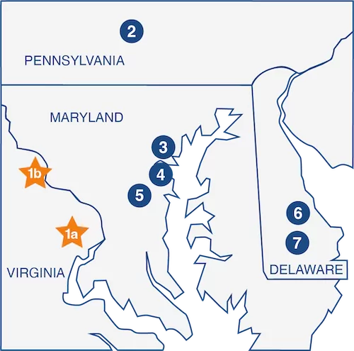 Stylized map of northern Virginia, Maryland, Delaware, and southern Pennsylvania with markers for Southland and its sister company locations.