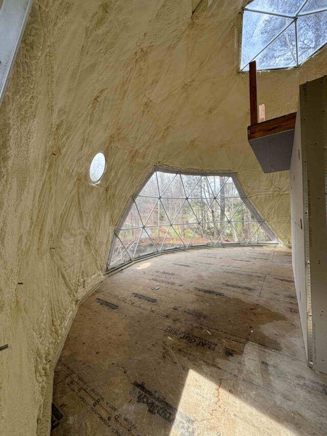 Spray foam insulation installed in a newly-constructed Yurt-style home.