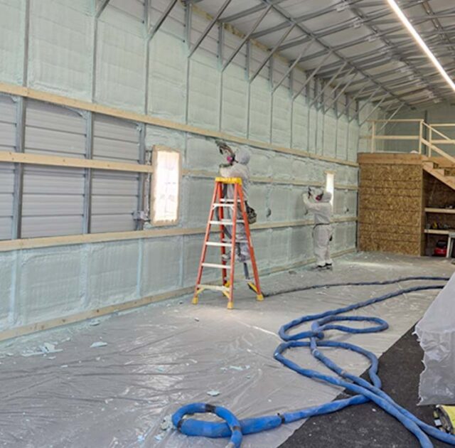 Southland Insulators closed cell spray foam insulation equipment and application in metal building in Fauquier County, VA.