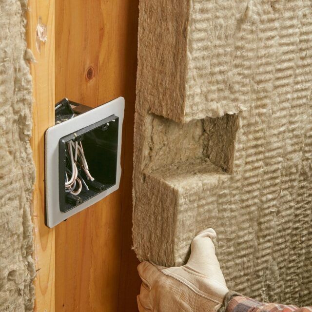 View of mineral wool insulation that has been cut to fit around an exposed electrical box as it is being installed in the wall frame.